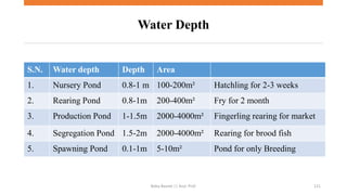 Water Depth
S.N. Water depth Depth Area
1. Nursery Pond 0.8-1 m 100-200m² Hatchling for 2-3 weeks
2. Rearing Pond 0.8-1m 200-400m² Fry for 2 month
3. Production Pond 1-1.5m 2000-4000m² Fingerling rearing for market
4. Segregation Pond 1.5-2m 2000-4000m² Rearing for brood fish
5. Spawning Pond 0.1-1m 5-10m² Pond for only Breeding
Boby Basnet || Asst. Prof. 121
 
