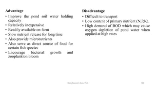 Advantage
• Improve the pond soil water holding
capacity
• Relatively inexpensive
• Readily available on-farm
• Slow nutrient release for long time
• Also provide micronutrients
• Also serve as direct source of food for
certain fish species
• Encourage bacterial growth and
zooplankton bloom
Disadvantage
• Difficult to transport
• Low content of primary nutrient (N,P,K).
• High demand of BOD which may cause
oxygen depletion of pond water when
applied at high rates
Boby Basnet || Asst. Prof. 192
 