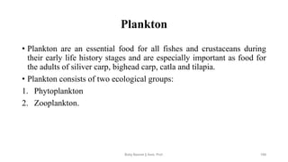 Plankton
• Plankton are an essential food for all fishes and crustaceans during
their early life history stages and are especially important as food for
the adults of siliver carp, bighead carp, catla and tilapia.
• Plankton consists of two ecological groups:
1. Phytoplankton
2. Zooplankton.
Boby Basnet || Asst. Prof. 199
 