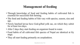 Management of feeding
• Through knowledge of food and feeding habits of cultivated fish is
essential for successful fish farming.
• The food and feeding habits of fish vary with species, season, size and
age.
• Newly hatched larvae have God-gifted yolk sac, on which they subsit
for at least two days.
• After 2 days they start feeding on organism found in water.
• Food habits of all cultivated fish species of Nepal are identical at fry
stage.
• They all start feeding primarily on zooplankton.
Boby Basnet || Asst. Prof. 208
 