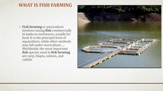 WHAT IS FISH FARMING
• Fish farming or pisciculture
involves raising fish commercially
in tanks or enclosures, usually for...