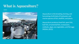 What is Aquaculture?
Aquaculture is the breeding, farming, and
harvesting of all kinds of freshwater and
marine species of...