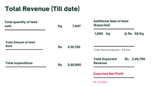 Total quantity of feed
sold
Total Revenue (Till date)
Total Amount of feed
Sold
Kg 7,847
Total expenditure
Rs. 3,48,750
Total Expected
Revenue
Additional Sale of feed
(Expected)
1,000 Kg @ Rs. 38/Kg
Rs. 97,850
Expected Net Profit
Total feed produced - 8.8 ton
Rs. 3,10,750
Rs. 2,50,900
 