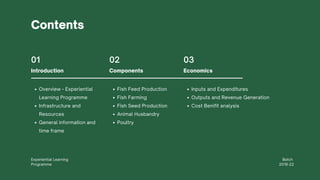 Contents
01
Introduction
02
Components
03
Economics
Overview - Experiential
Learning Programme
Infrastructure and
Resources
General information and
time frame
Fish Feed Production
Fish Farming
Fish Seed Production
Animal Husbandry
Poultry
Inputs and Expenditures
Outputs and Revenue Generation
Cost Benifit analysis
Experiential Learning
Programme
Batch
2018-22
 