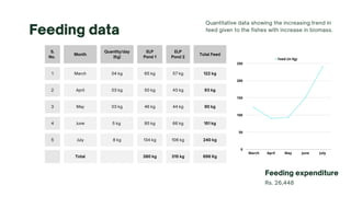 Feeding data
Quantitative data showing the increasing trend in
feed given to the fishes with increase in biomass.
S.
No.
Month
Quantity/day
(Kg)
ELP
Pond 1
ELP
Pond 2
Total Feed
1 March 04 kg 65 kg 57 kg 122 kg
2 April 03 kg 50 kg 43 kg 93 kg
3 May 03 kg 46 kg 44 kg 90 kg
4 June 5 kg 85 kg 66 kg 151 kg
5 July 8 kg 134 kg 106 kg 240 kg
Total 380 kg 315 kg 696 Kg
Feeding expenditure
Rs. 26,448
Feed (in Kg)
March April May June July
250
200
150
100
50
0
 