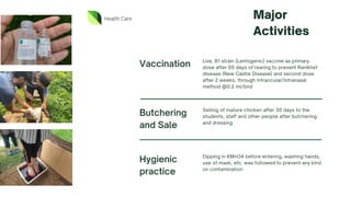 Health Care Major
Activities
Butchering
and Sale
Selling of mature chicken after 30 days to the
students, staff and other people after butchering
and dressing
Vaccination Live, B1 strain (Lentogenic) vaccine as primary
dose after 05 days of rearing to prevent Ranikhet
disease (New Castle Disease) and second dose
after 2 weeks, through Intraocular/Intranasal
method @0.2 ml/bird
Hygienic
practice
Dipping in KMnO4 before entering, washing hands,
use of mask, etc. was followed to prevent any kind
on contamination
 