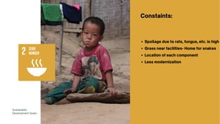 Spoilage due to rats, fungus, etc. is high
Grass near facilities- Home for snakes
Location of each component
Less modernization
Constaints:
Sustainable
Development Goals
 