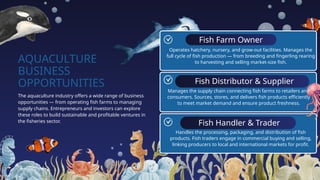 AQUACULTURE
BUSINESS
OPPORTUNITIES
Fish Farm Owner
Fish Distributor & Supplier
Fish Handler & Trader
The aquaculture industry offers a wide range of business
opportunities — from operating fish farms to managing
supply chains. Entrepreneurs and investors can explore
these roles to build sustainable and profitable ventures in
the fisheries sector.
Operates hatchery, nursery, and grow-out facilities. Manages the
full cycle of fish production — from breeding and fingerling rearing
to harvesting and selling market-size fish.
Manages the supply chain connecting fish farms to retailers and
consumers. Sources, stores, and delivers fish products efficiently
to meet market demand and ensure product freshness.
Handles the processing, packaging, and distribution of fish
products. Fish traders engage in commercial buying and selling,
linking producers to local and international markets for profit.
 