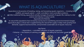 WHAT IS AQUACULTURE?
Aquaculture is the practice of breeding, raising, and harvesting aquatic organisms — including fish,
shellfish, and aquatic plants — under controlled or semi-controlled conditions.
Unlike traditional fishing, aquaculture actively manages the growth of aquatic life, making it a vital
science and industry in today's world.
Aquaculture & Fisheries:
As natural fish populations face increasing scarcity due to overfishing and environmental changes,
aquaculture plays a critical role in supplementing the natural fish supply. It helps meet growing food
demands, supports local economies, and promotes sustainable use of aquatic resources.
Key Terms:
• Aquaculture — controlled cultivation of aquatic organisms
• Fisheries — the industry of catching, processing, and selling fish and other aquatic life
 