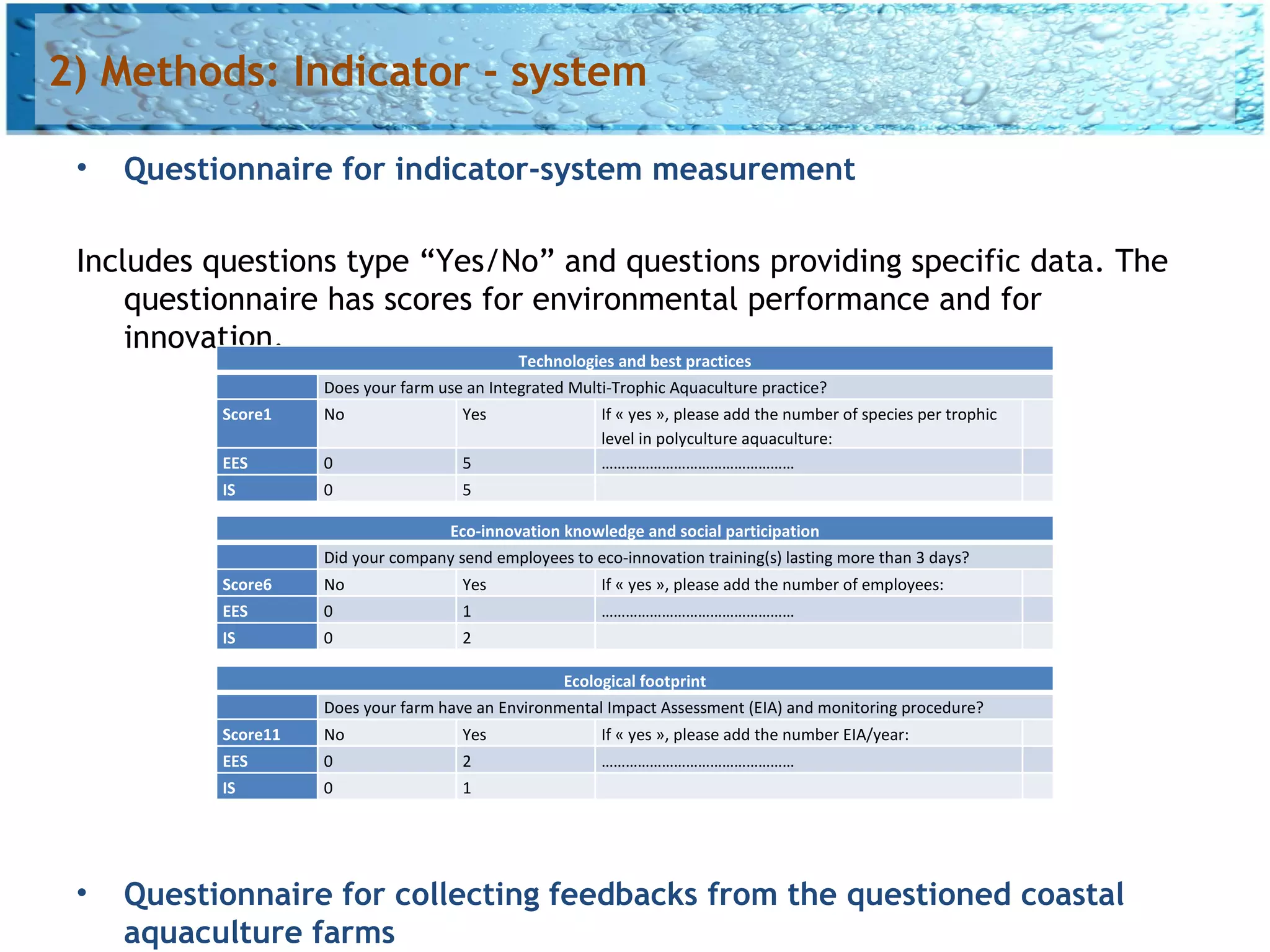 2) Methods: Indicator - system

 •   Questionnaire for indicator-system measurement

 Includes questions type “Yes/No” and questions providing specific data. The
     questionnaire has scores for environmental performance and for
     innovation.
                                               Technologies and best practices
                     Does your farm use an Integrated Multi-Trophic Aquaculture practice?
           Score1    No                Yes                If « yes », please add the number of species per trophic
                                                          level in polyculture aquaculture:
           EES       0                 5                  …………………………………………
           IS        0                 5

                                    Eco-innovation knowledge and social participation
                     Did your company send employees to eco-innovation training(s) lasting more than 3 days?
           Score6    No                Yes                If « yes », please add the number of employees:
           EES       0                 1                  …………………………………………
           IS        0                 2

                                                    Ecological footprint
                     Does your farm have an Environmental Impact Assessment (EIA) and monitoring procedure?
           Score11   No                Yes                If « yes », please add the number EIA/year:
           EES       0                 2                  …………………………………………
           IS        0                 1




 •   Questionnaire for collecting feedbacks from the questioned coastal
     aquaculture farms
 