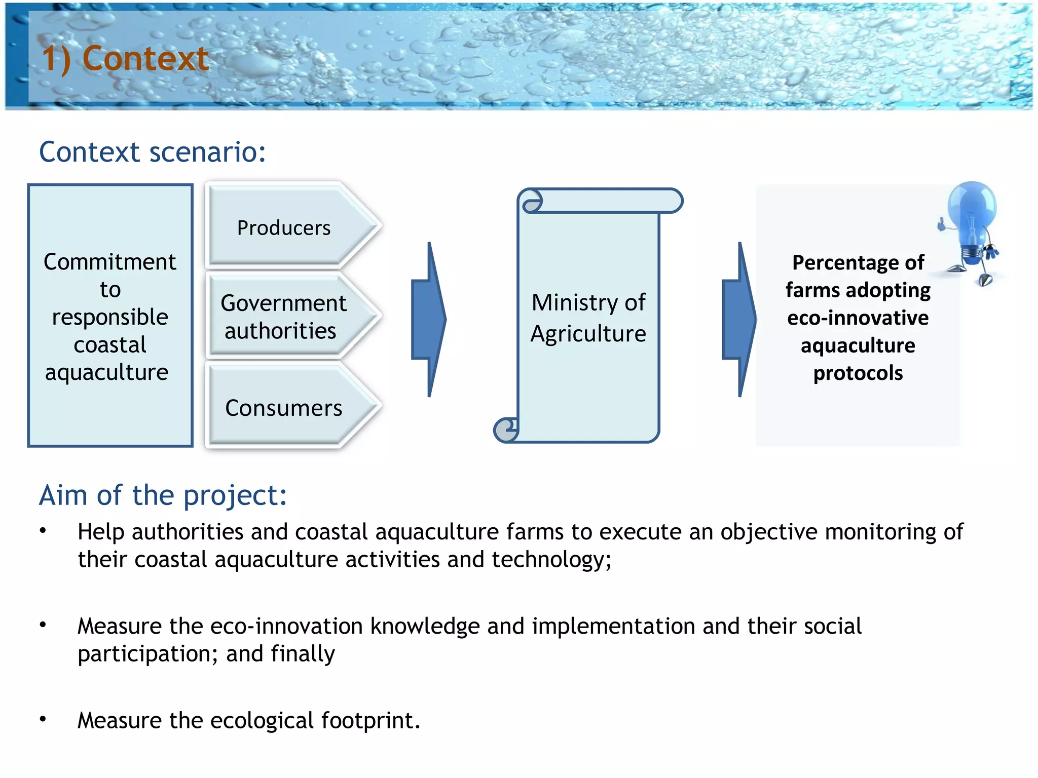 1) Context

Context scenario:

                   Producers
Commitment                                                              Percentage of
     to                                                                farms adopting
                 Government                   Ministry of
 responsible                                                           eco-innovative
   coastal
                 authorities                  Agriculture                aquaculture
aquaculture                                                               protocols
                  Consumers


Aim of the project:
•   Help authorities and coastal aquaculture farms to execute an objective monitoring of
    their coastal aquaculture activities and technology;

•   Measure the eco-innovation knowledge and implementation and their social
    participation; and finally

•   Measure the ecological footprint.
 