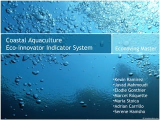 Coastal Aquaculture
Eco-innovator Indicator System    Econoving Master




                                 •Kevin Ramirez
                                 •Javad Mahmoudi
                                 •Elodie Gonthier
                                 •Marcel Roquette
                                 •Maria Stoica
                                 •Adrian Carrillo
                                 •Serene Hamsho
 