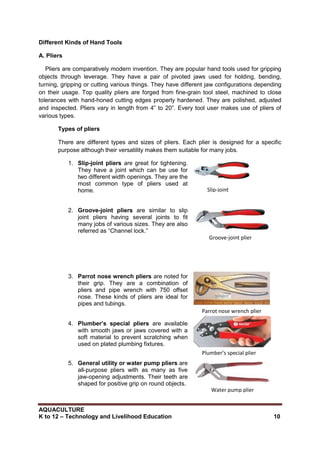 AQUACULTURE
K to 12 – Technology and Livelihood Education 10
Different Kinds of Hand Tools
A. Pliers
Pliers are comparatively modern invention. They are popular hand tools used for gripping
objects through leverage. They have a pair of pivoted jaws used for holding, bending,
turning, gripping or cutting various things. They have different jaw configurations depending
on their usage. Top quality pliers are forged from fine-grain tool steel, machined to close
tolerances with hand-honed cutting edges properly hardened. They are polished, adjusted
and inspected. Pliers vary in length from 4‖ to 20‖. Every tool user makes use of pliers of
various types.
Types of pliers
There are different types and sizes of pliers. Each plier is designed for a specific
purpose although their versatility makes them suitable for many jobs.
1. Slip-joint pliers are great for tightening.
They have a joint which can be use for
two different width openings. They are the
most common type of pliers used at
home.
2. Groove-joint pliers are similar to slip
joint pliers having several joints to fit
many jobs of various sizes. They are also
referred as ―Channel lock.‖
3. Parrot nose wrench pliers are noted for
their grip. They are a combination of
pliers and pipe wrench with 750 offset
nose. These kinds of pliers are ideal for
pipes and tubings.
4. Plumber’s special pliers are available
with smooth jaws or jaws covered with a
soft material to prevent scratching when
used on plated plumbing fixtures.
5. General utility or water pump pliers are
all-purpose pliers with as many as five
jaw-opening adjustments. Their teeth are
shaped for positive grip on round objects.
Slip-joint
plier
Groove-joint plier
Parrot nose wrench plier
Plumber’s special plier
Water pump plier
 