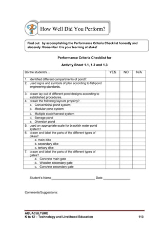 AQUACULTURE
K to 12 – Technology and Livelihood Education 113
Performance Criteria Checklist for
Activity Sheet 1.1, 1.2 and 1.3
Do the student/s… YES NO N/A
1. identified different compartments of pond?.
2. used signs and symbols of plan according to fishpond
engineering standards.
3. drawn lay out of different pond designs according to
established procedures.
4. drawn the following layouts properly?
a. Conventional pond system
b. Modular pond system
c. Multiple stock/harvest system
d. Barrage pond
e. Diversion pond
5. used an appropriate scale for brackish water pond
system?
6. drawn and label the parts of the different types of
dikes?
a. main dike
b. secondary dike
c. tertiary dike
7. drawn and label the parts of the different types of
gates?
a. Concrete main gate
b. Wooden secondary gate
c. Concrete secondary gate
Student‘s Name__________________________ Date ________________
Comments/Suggestions:
How Well Did You Perform?
Find out by accomplishing the Performance Criteria Checklist honestly and
sincerely. Remember it is your learning at stake!
 
