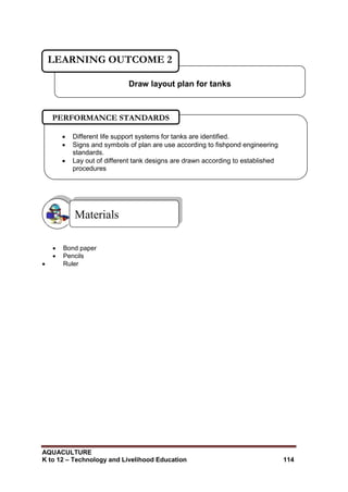 AQUACULTURE
K to 12 – Technology and Livelihood Education 114
 Bond paper
 Pencils
 Ruler
Materials
Draw layout plan for tanks
LEARNING OUTCOME 2
 Different life support systems for tanks are identified.
 Signs and symbols of plan are use according to fishpond engineering
standards.
 Lay out of different tank designs are drawn according to established
procedures

PERFORMANCE STANDARDS
 