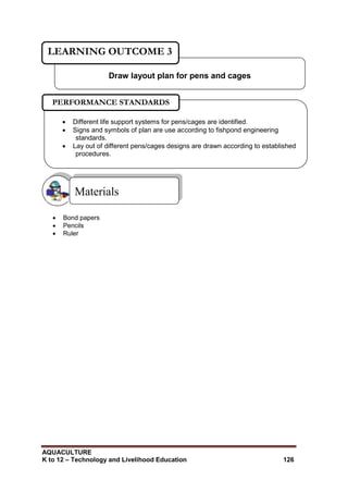 AQUACULTURE
K to 12 – Technology and Livelihood Education 126
 Bond papers
 Pencils
 Ruler
Materials
Draw layout plan for pens and cages
LEARNING OUTCOME 3
 Different life support systems for pens/cages are identified.
 Signs and symbols of plan are use according to fishpond engineering
standards.
 Lay out of different pens/cages designs are drawn according to established
procedures.

PERFORMANCE STANDARDS
 
