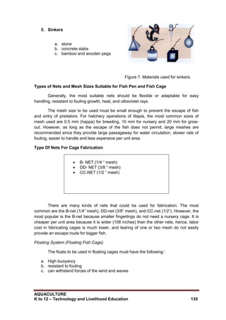 AQUACULTURE
K to 12 – Technology and Livelihood Education 135
5. Sinkers
a. stone
b. concrete slabs
c. bamboo and wooden pegs
Figure 7. Materials used for sinkers.
Types of Nets and Mesh Sizes Suitable for Fish Pen and Fish Cage
Generally, the most suitable nets should be flexible or adaptable for easy
handling, resistant to fouling growth, heat, and ultraviolet rays.
The mesh size to be used must be small enough to prevent the escape of fish
and entry of predators. For hatchery operations of tilapia, the most common sizes of
mesh used are 0.5 mm (happa) for breeding, 10 mm for nursery and 20 mm for grow-
out. However, as long as the escape of the fish does not permit, large meshes are
recommended since they provide large passageway for water circulation, slower rate of
fouling, easier to handle and less expensive per unit area.
Type Of Nets For Cage Fabrication
 B- NET (1/4 ― mesh)
 DD- NET (3/8 ― mesh)
 CC-NET (1/2 ― mesh)
There are many kinds of nets that could be used for fabrication. The most
common are the B-net (1/4‖ mesh), DD-net (3/8‖ mesh), and CC-net (1/2‖). However, the
most popular is the B-net because smaller fingerlings do not need a nursery cage. It is
cheaper per unit area because it is wider (108 inches) than the other nets, hence, labor
cost in fabricating cages is much lower, and tearing of one or two mesh do not easily
provide an escape route for bigger fish.
Floating System (Floating Fish Cage)
The floats to be used in floating cages must have the following::
a. High buoyancy
b. resistant to fouling
c. can withstand forces of the wind and waves
 