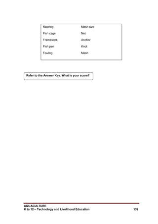 AQUACULTURE
K to 12 – Technology and Livelihood Education 139
Mooring Mesh size
Fish cage Net
Framework Anchor
Fish pen Knot
Fouling Mesh
Refer to the Answer Key. What is your score?
 