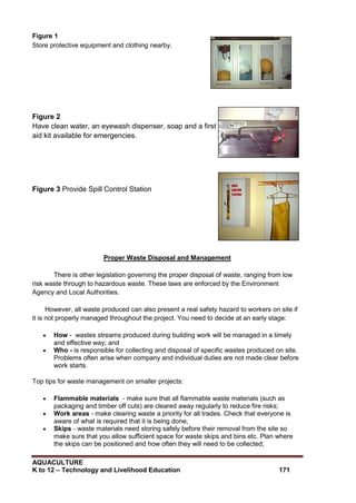 AQUACULTURE
K to 12 – Technology and Livelihood Education 171
Figure 1
Store protective equipment and clothing nearby.
Figure 2
Have clean water, an eyewash dispenser, soap and a first
aid kit available for emergencies.
Figure 3 Provide Spill Control Station
Proper Waste Disposal and Management
There is other legislation governing the proper disposal of waste, ranging from low
risk waste through to hazardous waste. These laws are enforced by the Environment
Agency and Local Authorities.
However, all waste produced can also present a real safety hazard to workers on site if
it is not properly managed throughout the project. You need to decide at an early stage:
 How - wastes streams produced during building work will be managed in a timely
and effective way; and
 Who - is responsible for collecting and disposal of specific wastes produced on site.
Problems often arise when company and individual duties are not made clear before
work starts.
Top tips for waste management on smaller projects:
 Flammable materials - make sure that all flammable waste materials (such as
packaging and timber off cuts) are cleared away regularly to reduce fire risks;
 Work areas - make clearing waste a priority for all trades. Check that everyone is
aware of what is required that it is being done;
 Skips - waste materials need storing safely before their removal from the site so
make sure that you allow sufficient space for waste skips and bins etc. Plan where
the skips can be positioned and how often they will need to be collected;
 
