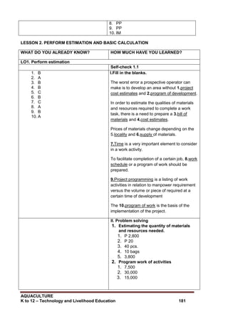 AQUACULTURE
K to 12 – Technology and Livelihood Education 181
8. PP
9. PP
10. IM
LESSON 2. PERFORM ESTIMATION AND BASIC CALCULATION
WHAT DO YOU ALREADY KNOW? HOW MUCH HAVE YOU LEARNED?
LO1. Perform estimation
Self-check 1.1
1. B
2. A
3. B
4. B
5. C
6. B
7. C
8. A
9. B
10. A
I.Fill in the blanks.
The worst error a prospective operator can
make is to develop an area without 1.project
cost estimates and 2.program of development.
In order to estimate the qualities of materials
and resources required to complete a work
task, there is a need to prepare a 3.bill of
materials and 4.cost estimates.
Prices of materials change depending on the
5.locality and 6.supply of materials.
7.Time is a very important element to consider
in a work activity.
To facilitate completion of a certain job, 8.work
schedule or a program of work should be
prepared.
9.Project programming is a listing of work
activities in relation to manpower requirement
versus the volume or piece of required at a
certain time of development
The 10.program of work is the basis of the
implementation of the project.
II. Problem solving
1. Estimating the quantity of materials
and resources needed.
1. P 2,800
2. P 20
3. 40 pcs.
4. 10 bags
5. 3,800
2. Program work of activities
1. 7,500
2. 30,000
3. 15,000
 