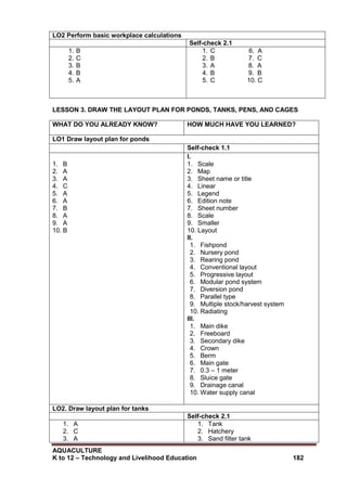 AQUACULTURE
K to 12 – Technology and Livelihood Education 182
LO2 Perform basic workplace calculations
Self-check 2.1
1. B
2. C
3. B
4. B
5. A
1. C 6. A
2. B 7. C
3. A 8. A
4. B 9. B
5. C 10. C
LESSON 3. DRAW THE LAYOUT PLAN FOR PONDS, TANKS, PENS, AND CAGES
WHAT DO YOU ALREADY KNOW? HOW MUCH HAVE YOU LEARNED?
LO1 Draw layout plan for ponds
Self-check 1.1
1. B
2. A
3. A
4. C
5. A
6. A
7. B
8. A
9. A
10. B
I.
1. Scale
2. Map
3. Sheet name or title
4. Linear
5. Legend
6. Edition note
7. Sheet number
8. Scale
9. Smaller
10. Layout
II.
1. Fishpond
2. Nursery pond
3. Rearing pond
4. Conventional layout
5. Progressive layout
6. Modular pond system
7. Diversion pond
8. Parallel type
9. Multiple stock/harvest system
10. Radiating
III.
1. Main dike
2. Freeboard
3. Secondary dike
4. Crown
5. Berm
6. Main gate
7. 0.3 – 1 meter
8. Sluice gate
9. Drainage canal
10. Water supply canal
LO2. Draw layout plan for tanks
Self-check 2.1
1. A
2. C
3. A
1. Tank
2. Hatchery
3. Sand filter tank
 