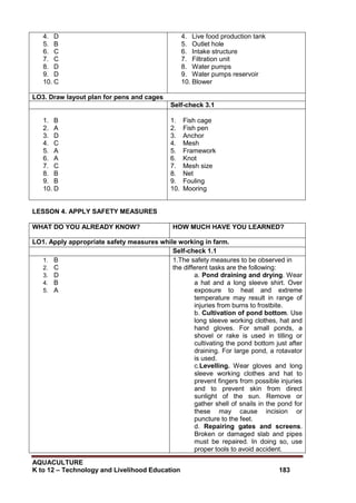 AQUACULTURE
K to 12 – Technology and Livelihood Education 183
4. D
5. B
6. C
7. C
8. D
9. D
10. C
4. Live food production tank
5. Outlet hole
6. Intake structure
7. Filtration unit
8. Water pumps
9. Water pumps reservoir
10. Blower
LO3. Draw layout plan for pens and cages
Self-check 3.1
1. B
2. A
3. D
4. C
5. A
6. A
7. C
8. B
9. B
10. D
1. Fish cage
2. Fish pen
3. Anchor
4. Mesh
5. Framework
6. Knot
7. Mesh size
8. Net
9. Fouling
10. Mooring
LESSON 4. APPLY SAFETY MEASURES
WHAT DO YOU ALREADY KNOW? HOW MUCH HAVE YOU LEARNED?
LO1. Apply appropriate safety measures while working in farm.
Self-check 1.1
1. B
2. C
3. D
4. B
5. A
1.The safety measures to be observed in
the different tasks are the following:
a. Pond draining and drying. Wear
a hat and a long sleeve shirt. Over
exposure to heat and extreme
temperature may result in range of
injuries from burns to frostbite.
b. Cultivation of pond bottom. Use
long sleeve working clothes, hat and
hand gloves. For small ponds, a
shovel or rake is used in tilling or
cultivating the pond bottom just after
draining. For large pond, a rotavator
is used.
c.Levelling. Wear gloves and long
sleeve working clothes and hat to
prevent fingers from possible injuries
and to prevent skin from direct
sunlight of the sun. Remove or
gather shell of snails in the pond for
these may cause incision or
puncture to the feet.
d. Repairing gates and screens.
Broken or damaged slab and pipes
must be repaired. In doing so, use
proper tools to avoid accident.
 