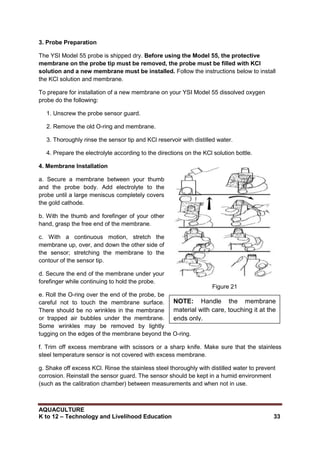 AQUACULTURE
K to 12 – Technology and Livelihood Education 33
3. Probe Preparation
The YSI Model 55 probe is shipped dry. Before using the Model 55, the protective
membrane on the probe tip must be removed, the probe must be filled with KCl
solution and a new membrane must be installed. Follow the instructions below to install
the KCl solution and membrane.
To prepare for installation of a new membrane on your YSI Model 55 dissolved oxygen
probe do the following:
1. Unscrew the probe sensor guard.
2. Remove the old O-ring and membrane.
3. Thoroughly rinse the sensor tip and KCl reservoir with distilled water.
4. Prepare the electrolyte according to the directions on the KCl solution bottle.
4. Membrane Installation
a. Secure a membrane between your thumb
and the probe body. Add electrolyte to the
probe until a large meniscus completely covers
the gold cathode.
b. With the thumb and forefinger of your other
hand, grasp the free end of the membrane.
c. With a continuous motion, stretch the
membrane up, over, and down the other side of
the sensor; stretching the membrane to the
contour of the sensor tip.
d. Secure the end of the membrane under your
forefinger while continuing to hold the probe.
e. Roll the O-ring over the end of the probe, be
careful not to touch the membrane surface.
There should be no wrinkles in the membrane
or trapped air bubbles under the membrane.
Some wrinkles may be removed by lightly
tugging on the edges of the membrane beyond the O-ring.
f. Trim off excess membrane with scissors or a sharp knife. Make sure that the stainless
steel temperature sensor is not covered with excess membrane.
g. Shake off excess KCl. Rinse the stainless steel thoroughly with distilled water to prevent
corrosion. Reinstall the sensor guard. The sensor should be kept in a humid environment
(such as the calibration chamber) between measurements and when not in use.
NOTE: Handle the membrane
material with care, touching it at the
ends only.
Figure 21
 