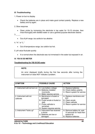 AQUACULTURE 49
K to 12 – Technology and Livelihood Education
B. Troubleshooting
1. Power on but no display
 Check the batteries are in place and make good contact polarity. Replace a new
battery and try again.
2. Slow response
 Clean probe by immersing the electrode in tap water for 10-15 minutes, then
rinse thoroughly with distilled water or use a general purpose electrode cleaner.
3. _ _ _
 Out of pH range, too acidic/or too alkaline
4. ―H.‖ or ―L.‖
 Out of temperature range, too cold/or too hot.
5. pH value fluctuate quickly
 It is normal when the electrode was not immersed in the water but exposed in air.
IV. YSI 55 DO METER
Troubleshooting for YSI 55 DO meter
SYMPTOM POSSIBLE CAUSE ACTION
1. Instrument will not turn on A. Low battery voltage
B. Batteries installed
incorrectly
C. Meter requires service
A. Replace batteries
B. Check battery polarity
C. Return system for service
2. Instrument will not
calibrate
A. Membrane is fouled or
damaged
B. Probe anode is fouled or
dark
C. Probe cathode is
tarnished
D. System requires service
A. Replace membrane and
KCl
B. Clean anode
C. Clean cathode
D. Return system for service
3. Instrument "locks up" A. Instrument has received
a shock
B. Batteries are low or
damaged
A. Remove battery lid, wait
15 seconds for reset then
replace lid.
B. Replace batteries
NOTE:
An error displayed briefly during the first few seconds after turning the
instrument on does NOT indicate a problem.
 