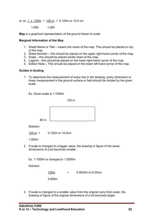 AQUACULTURE
K to 12 – Technology and Livelihood Education 92
or, b) 1 x 125m = 125 m = 0.125m or 12.5 cm
1,000 1,000
Map is a graphical representation of the ground drawn to scale.
Marginal Information of the Map
1. Sheet Name or Title – means the name of the map. This should be placed on top
of the map.
2. Sheet Number – this should be placed on the upper right-hand corner of the map.
3. Scale – this should be placed center down of the map.
4. Legend – this should be placed on the lower right-hand corner of the map.
5. Edition Note – This should be placed on the lower left-hand corner of the map.
Guides in Scaling
1. To determine the measurement of every line in the drawing, every dimension or
linear measurement in the ground surface or field should be divided by the given
scale.
Ex. Given scale is 1:1000m
125 m
80 m
Solution:
125 m = 0.125m or 12.5cm
1,000m
2. If scale is changed to a bigger value, the drawing or figure of the same
dimensions of a lot becomes smaller.
Ex. 1:1000m is changed to 1:2000m
Solution:
125m = 0.0625m or 6.25cm
2,000m
3. If scale is changed to a smaller value from the original (very first) scale, the
drawing or figure of the original dimensions of a lot becomes larger.
 