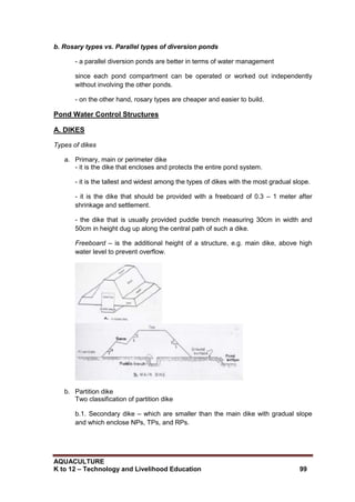 AQUACULTURE
K to 12 – Technology and Livelihood Education 99
b. Rosary types vs. Parallel types of diversion ponds
- a parallel diversion ponds are better in terms of water management
since each pond compartment can be operated or worked out independently
without involving the other ponds.
- on the other hand, rosary types are cheaper and easier to build.
Pond Water Control Structures
A. DIKES
Types of dikes
a. Primary, main or perimeter dike
- it is the dike that encloses and protects the entire pond system.
- it is the tallest and widest among the types of dikes with the most gradual slope.
- it is the dike that should be provided with a freeboard of 0.3 – 1 meter after
shrinkage and settlement.
- the dike that is usually provided puddle trench measuring 30cm in width and
50cm in height dug up along the central path of such a dike.
Freeboard – is the additional height of a structure, e.g. main dike, above high
water level to prevent overflow.
b. Partition dike
Two classification of partition dike
b.1. Secondary dike – which are smaller than the main dike with gradual slope
and which enclose NPs, TPs, and RPs.
 