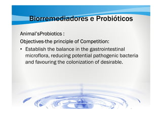 Biorremediadores e Probióticos
Animal’sProbiotics :
ObjectivesObjectives-the principle of Competition:
• Establish the balance in the gastrointestinal
microflora, reducing potential pathogenic bacteria
and favouring the colonization of desirable.

 