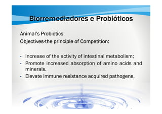Biorremediadores e Probióticos
Animal’s Probiotics:
ObjectivesObjectives-the principle of Competition:
•
•
•

Increase of the activity of intestinal metabolism;
Promote increased absorption of amino acids and
minerals.
Elevate immune resistance acquired pathogens.

 