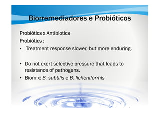 Biorremediadores e Probióticos
Probiótics x Antibiotics
Probiótics :
• Treatment response slower, but more enduring.
• Do not exert selective pressure that leads to
resistance of pathogens.
• Biomix: B. subtilis e B. licheniformis

 