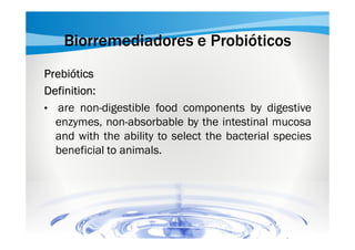 Biorremediadores e Probióticos
Prebiótics
Definition:
• are non-digestible food components by digestive
enzymes, non-absorbable by the intestinal mucosa
and with the ability to select the bacterial species
beneficial to animals.

 