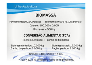 Linha Aquicultura

BIOMASSA
Povoamento:100.000 peixes
Biometria: 0,005 kg (05 gramas)
Calculo : 100.000 x 0,005
Biomassa = 500 kg

CONVERSÃO ALIMENTAR (FCA)
Ração acumulada : ganho de biomassa
Biomassa anterior: 10.000 kg
Ganho do período: 2.000 kg

Biomassa atual: 12.000 kg
Ração período: 2.100 kg

Cálculo: 2.100 : 2.000 = 1,05.
* FCA = 1,05 kg de ração / kg de peixe produzido.

 