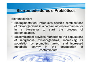 Biorremediadores e Probióticos
Bioremediation:
• Bioaugmentation: introduces specific combinations
Bioaugmentation:
of microorganisms in a contaminated environment or
in a bioreactor to start the process of
bioremediation.
bioremediation.
• Biostimulation: provides nutrients to the populations
Biostimulation:
microof indigenous micro-organisms, increasing its
population by promoting growth and increased
metabolic activity in the degradation of
contaminants.
contaminants

 