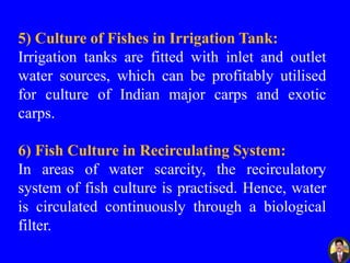 5) Culture of Fishes in Irrigation Tank:
Irrigation tanks are fitted with inlet and outlet
water sources, which can be profitably utilised
for culture of Indian major carps and exotic
carps.
6) Fish Culture in Recirculating System:
In areas of water scarcity, the recirculatory
system of fish culture is practised. Hence, water
is circulated continuously through a biological
filter.
 
