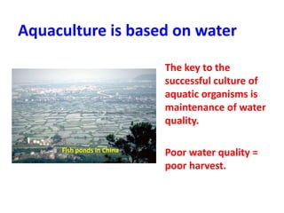 Aquaculture is based on water 
The key to the 
successful culture of 
aquatic organisms is 
maintenance of water 
quality....