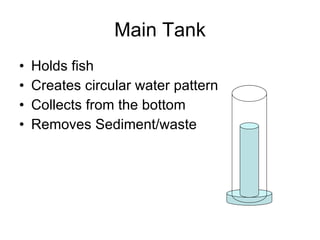 Main Tank Holds fish Creates circular water pattern Collects from the bottom Removes Sediment/waste 