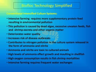 Biofloc Technology Simplified
Conventional Intensified Culture Systems:
• Intensive farming requires more supplementary protein feed
  resulting in environmental pollution
• This pollution is caused by dead algae, excessive uneaten feeds, fish
  and shrimp excreta and other organic matter
• Deteriorates water quality
• Increases risk of disease outbreaks
• Contributes to nitrogen pollution in the culture system released in
  the form of ammonia and nitrite
• Ammonia and nitrite are toxic to cultured animals
• High levels of ammonia effect growth and moulting in shellfish
• High oxygen consumption results in fish shrimp mortalities
• Intensive farming requires frequent water exchanges
 