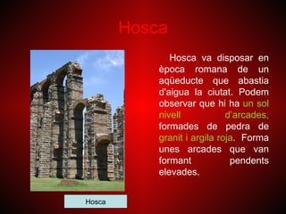 Hosca
               Hosca va disposar en
            època romana de un
            aqüeducte que abastia
            d'aigua la ciutat. Podem
            observar que hi ha un sol
            nivell            d’arcades,
            formades de pedra de
            granit i argila roja. Forma
            unes arcades que van
            formant            pendents
            elevades.


Hosca
 