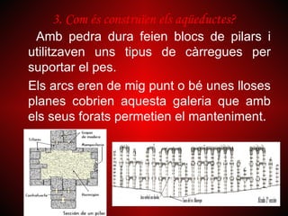 3. Com és construïen els aqüeductes?
 Amb pedra dura feien blocs de pilars i
utilitzaven uns tipus de càrregues per
suportar el pes.
Els arcs eren de mig punt o bé unes lloses
planes cobrien aquesta galeria que amb
els seus forats permetien el manteniment.
 