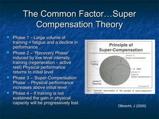 The CCoommmmoonn FFaaccttoorr……SSuuppeerr 
CCoommppeennssaattiioonn TThheeoorryy 
 PPhhaassee 11 –– LLaarrggee vvoolluummee ooff 
ttrraaiinniinngg == ffaattiigguuee aanndd aa ddeecclliinnee iinn 
ppeerrffoorrmmaannccee 
 PPhhaassee 22 –– ““RReeccoovveerryy PPhhaassee”” 
iinndduucceedd bbyy llooww lleevveell iinntteennssiittyy 
ttrraaiinniinngg (rreeggeenneerraattiioonn –– aaccttiivvee 
rreesstt)) PPhhyyssiiccaall ppeerrffoorrmmaannccee 
rreettuurrnnss ttoo iinniittiiaall lleevveell 
 PPhhaassee 33 –– ‘‘SSuuppeerr--CCoommppeennssaattiioonn 
PPhhaassee’’ –– PPhhyyssiiccaall ppeerrffoorrmmaannccee 
iinnccrreeaasseess aabboovvee iinniittiiaall lleevveell 
 PPhhaassee 44 –– IIff ttrraaiinniinngg iiss nnoott 
ssuussttaaiinneedd tthhee ggaaiinn iinn pphhyyssiiccaall 
ccaappaacciittyy wwiillll bbee pprrooggrreessssiivveellyy lloosstt.. 
Olbrecht, J (2000) 
 