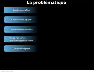La problématique
                       Création complexe



                    Résistance des équipes



                   Investissements coûteux


                 Pas de ressources
                 humaines supplémentaires


                       Diffusion complexe




vendredi 13 janvier 2012
 