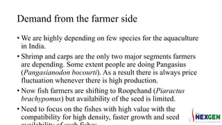 Demand from the farmer side
• We are highly depending on few species for the aquaculture
in India.
• Shrimp and carps are the only two major segments farmers
are depending. Some extent people are doing Pangasius
(Pangasianodon bocourti). As a result there is always price
fluctuation whenever there is high production.
• Now fish farmers are shifting to Roopchand (Piaractus
brachypomus) but availability of the seed is limited.
• Need to focus on the fishes with high value with the
compatibility for high density, faster growth and seed
 