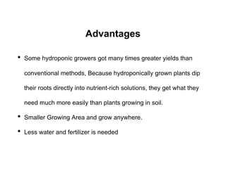 Advantages
• Some hydroponic growers got many times greater yields than
conventional methods, Because hydroponically grown plants dip
their roots directly into nutrient-rich solutions, they get what they
need much more easily than plants growing in soil.
• Smaller Growing Area and grow anywhere.
• Less water and fertilizer is needed
 