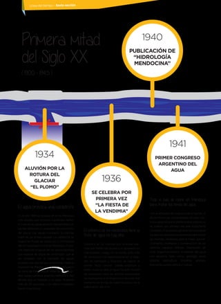 Línea del tiempo - Sexta sección
Primera mitad
del Siglo XX
( 1900 - 1945 )
El esfuerzo de los mendocinos tiene su
fruto: sin agua no hay vino.
Consistió en un carrusel por la actual ave-
nida San Martín de ciudad y un almuerzo en
una bodega. Luego, en la noche, ante más
de veinticinco mil espectadores en el esta-
dio de Gimnasia y Esgrima, se realizó el
primer “Acto central”. Desde entonces y
hasta nuestros días el agua ha sido motivo
de inspiración para los artistas encargados
de representar el protagonismo de este vital
elemento en la vida de nuestros oasis y en la
elaboración del vino.
El agua provoca una catástrofe
En el año 1934 se produjo en el río Mendoza
una crecida, que provocó cuantiosos daños.
El nivel de las aguas se elevó rápidamente y el
caudal desbordó la capacidad de contención
del cauce. Las aguas inundaron la planicie,
fuera de los límites usuales. La catástrofe se
originó en Punta de Vacas, en la conﬂuencia
del río Tupungato con el río Mendoza. Un gla-
ciar obstruyó el cauce del río, produciéndose
una especie de dique de contención, que al
ser arrasado por la fuerzade las aguas
produjo una crecida que se prolongó hasta la
localidad de Palmira. Las aguas destruyeron
la Usina de Cacheuta, el Hotel de esa locali-
dad, casas, caminos, puentes, ediﬁcios y vías
férreas que se hallaban a su paso. Murieron
más de 20 personas y los daños materiales
fueron cuantiosos.
1936
SE CELEBRA POR
PRIMERA VEZ
“LA FIESTA DE
LA VENDIMIA”
1940
PUBLICACIÓN DE
“HIDROLOGÍA
MENDOCINA”
1941
PRIMER CONGRESO
ARGENTINO DEL
AGUA
1934
ALUVIÓN POR LA
ROTURA DEL
GLACIAR
“EL PLOMO”
Todo el país se reúne en Mendoza
para tratar los temas del agua.
Con la adhesión del Gobierno de la Nación, el
de las Provincias, Universidades del país, Insti-
tutos especializados, profesionales y técnicos,
se celebró por primera vez este importante
Congreso. El propósito general fue considerar
los aportes de todos los asistentes para tomar
las medidas necesarias para el mejor aprove-
chamiento, inventario y conservación de las
distintas riquezas hídricas. Disertantes de
toda Argentina trataron la relación del agua
con aspectos tales como: geología, salud
pública, agricultura, industria, energía,
economía, jurisprudencia y cultura.
 