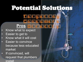 Potential Solutions

•
•
•
•

Ta r ge t i ng
C o n s u me r s
Pros D i r e c t l y

Know what to expect
Easier to get to
Know what it will cost
Easier to convince
because less educated
market
• If convinced, will
request that plumbers

 