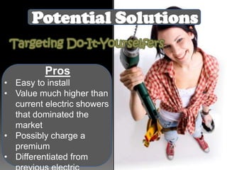 Potential Solutions
Targeting Do-It-Yourselfers
Pros
• Easy to install
• Value much higher than
current electric showers
that dominated the
market
• Possibly charge a
premium
• Differentiated from

 