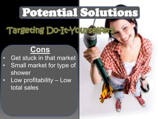 Potential Solutions
Targeting Do-It-Yourselfers
Cons
• Get stuck in that market
• Small market for type of
shower
• Low profitability – Low
total sales

 